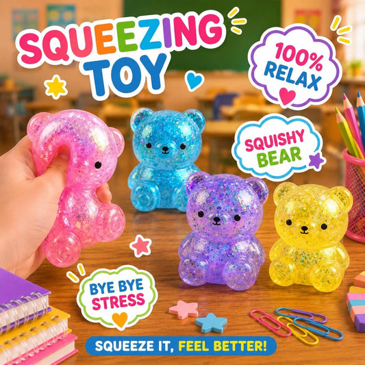 Sparkly Pink Gummy Bear Stress Relief Squeeze Toy – Sensory Fidget Ball with Gold Glitter